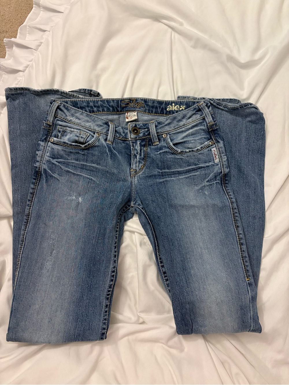 Y2K Low-Waisted Silver Bootcut Jeans with Distressed Denim and Pocket Designs